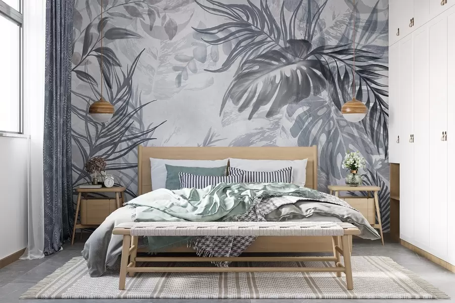 wall murals Monstera and palm leaves in shades of blue and gray, botanical, tropical foliage, jungle plants, textured background w09011v1