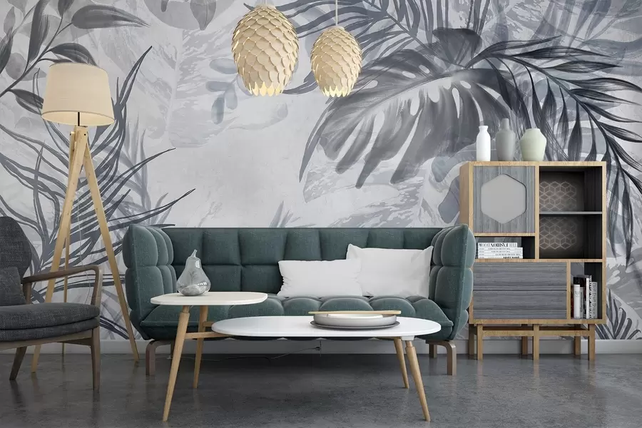 wall murals Monstera and palm leaves in shades of blue and gray, botanical, tropical foliage, jungle plants, textured background w09011v1