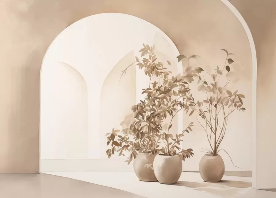 murales Plantas en macetas con tonos beige delante de arcos abstractos, estilo minimalista, elegante y limpio, fondo neutro w09013