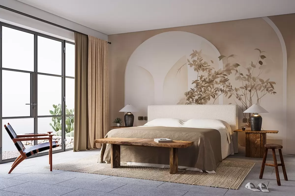 murales Plantas en macetas con tonos beige delante de arcos abstractos, estilo minimalista, elegante y limpio, fondo neutro w09013