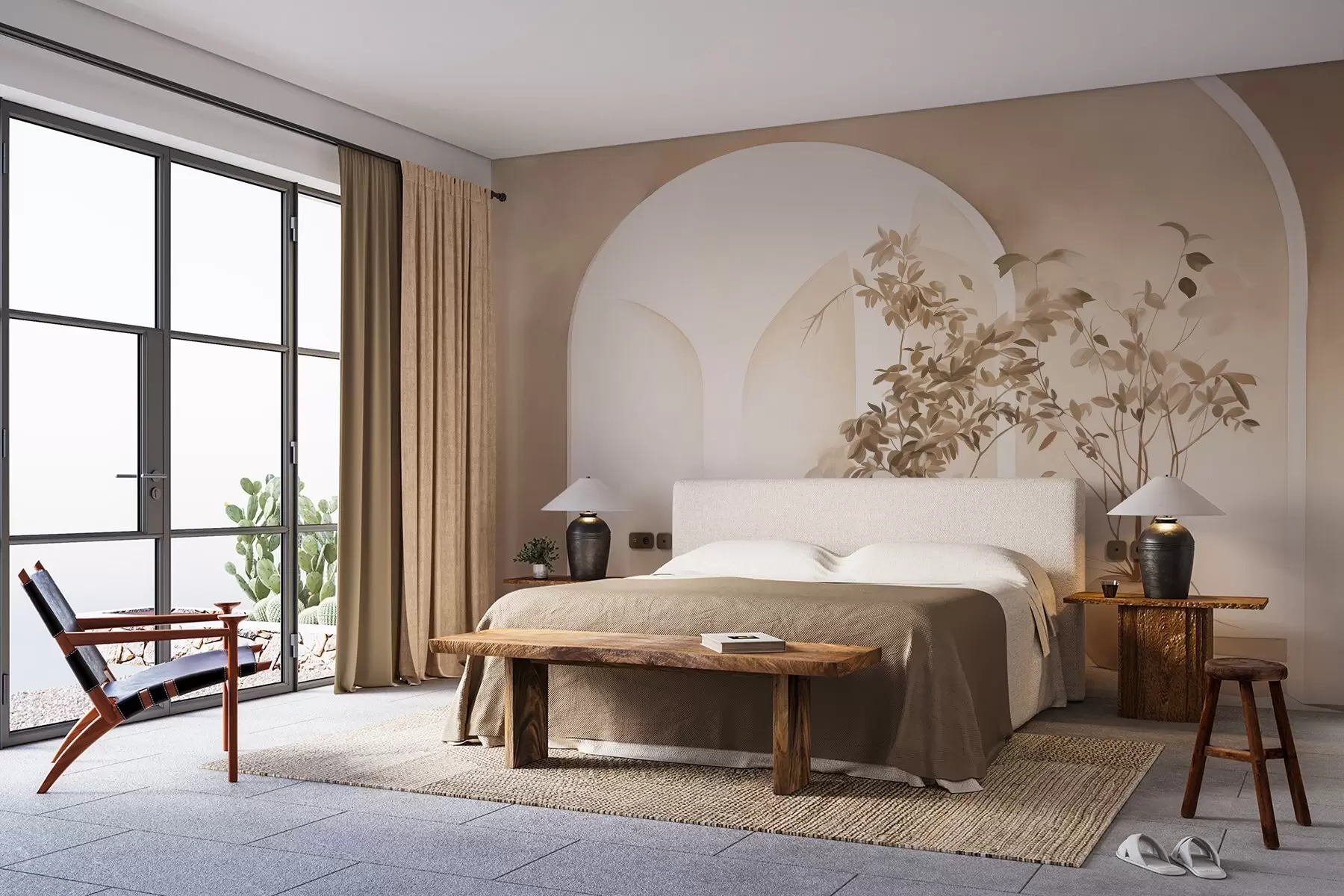 Wall Mural Photo Wallpaper Plants in pots with beige tones in front of abstract arches, minimalist style, elegant and clean, neutral background w09013