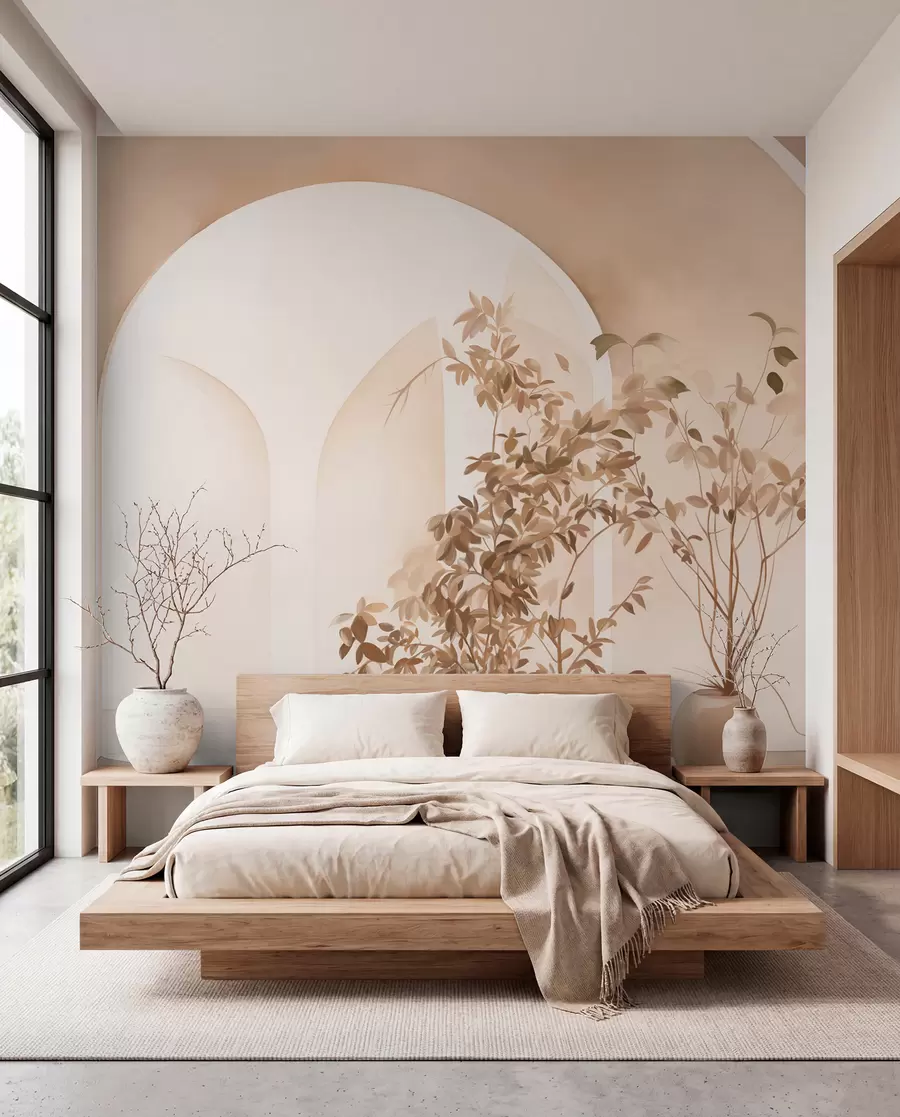 peintures murales Plantes en pots dans les tons beiges devant des arches abstraites, style minimaliste, élégant et propre, fond neutre w09013