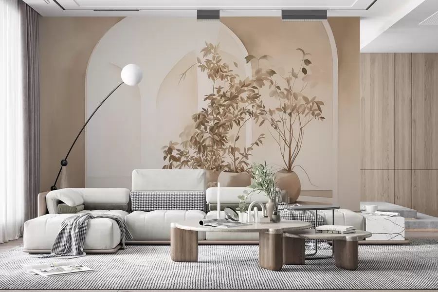 peintures murales Plantes en pots dans les tons beiges devant des arches abstraites, style minimaliste, élégant et propre, fond neutre w09013