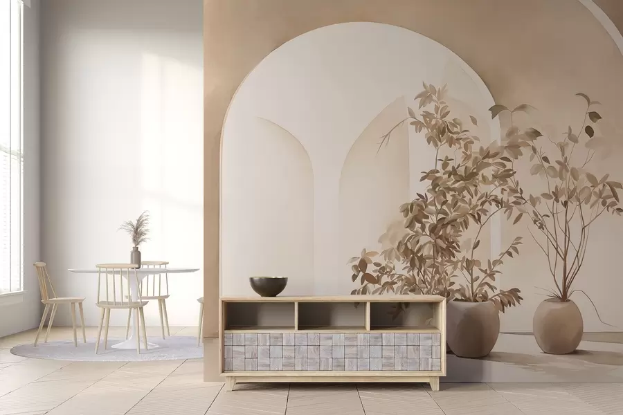 Wall Mural Photo Wallpaper Plants in pots with beige tones in front of abstract arches, minimalist style, elegant and clean, neutral background w09013