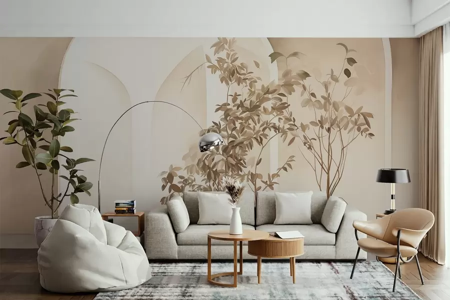 Wall Mural Photo Wallpaper Plants in pots with beige tones in front of abstract arches, minimalist style, elegant and clean, neutral background w09013