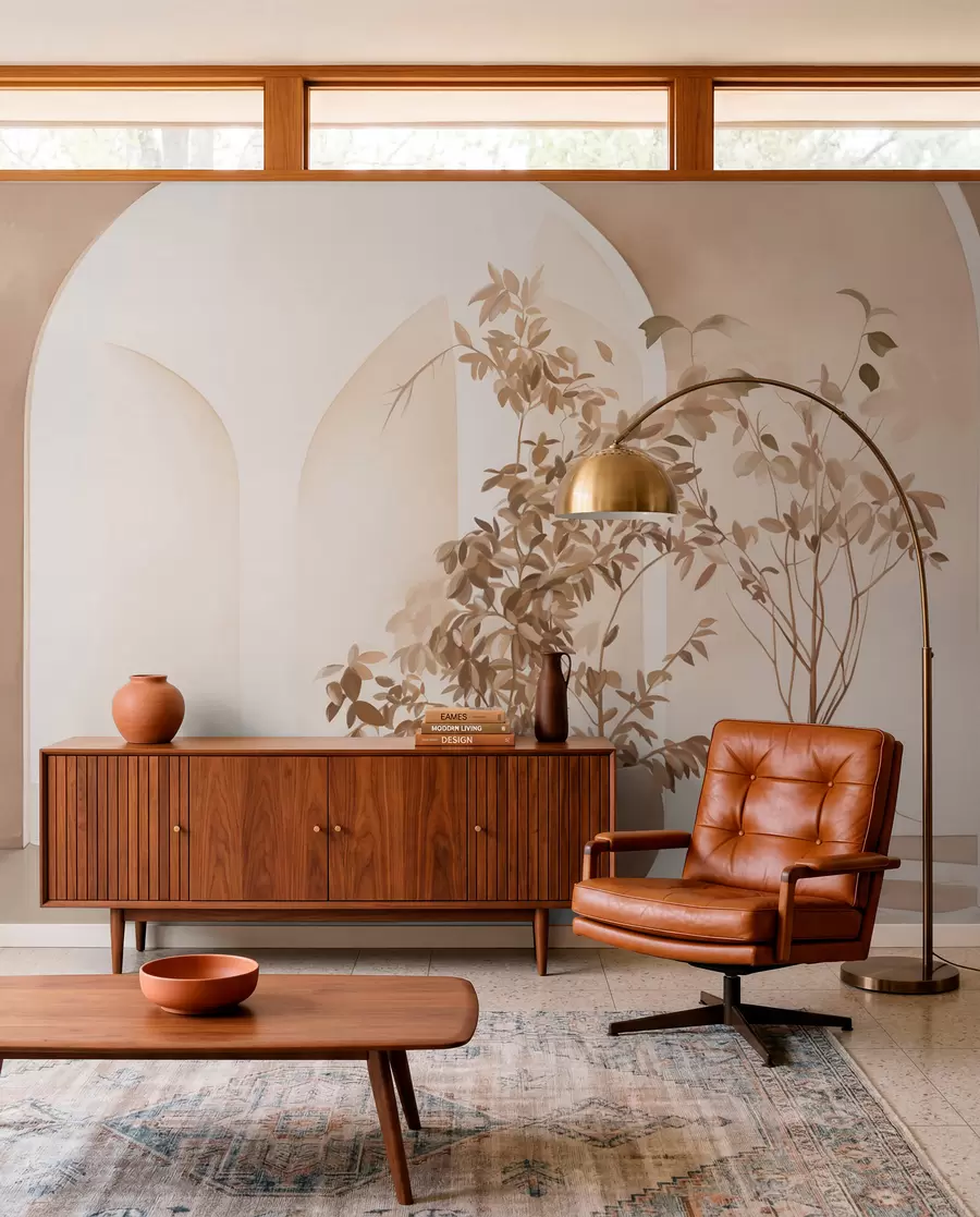 murales Plantas en macetas con tonos beige delante de arcos abstractos, estilo minimalista, elegante y limpio, fondo neutro w09013