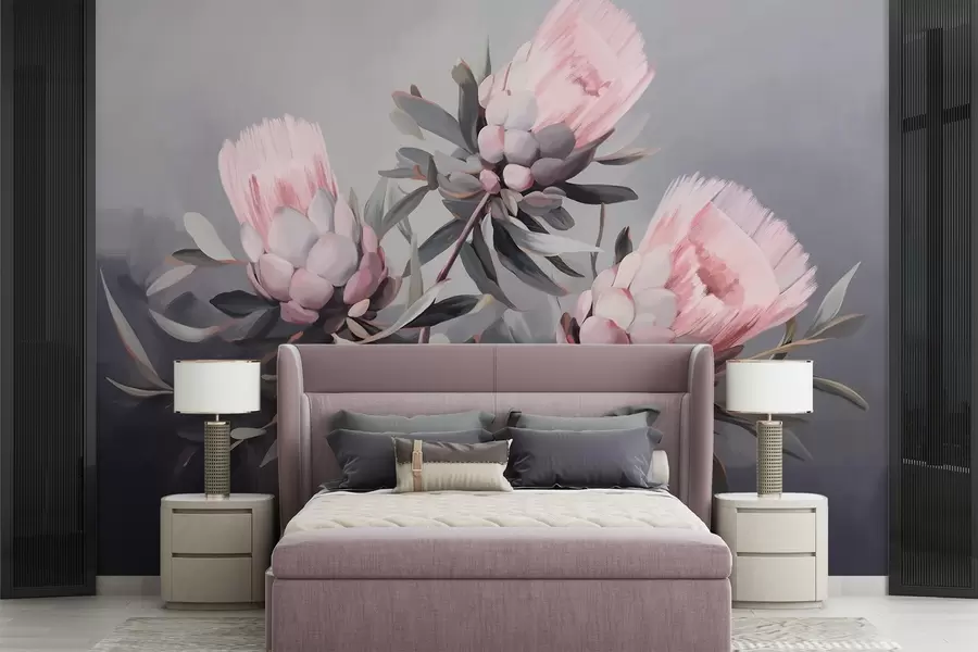 Wall Mural Photo Wallpaper Pink protea abstract flowers with grey leaves, soft textured brushstrokes, muted colors, against a blurred grey background w09014