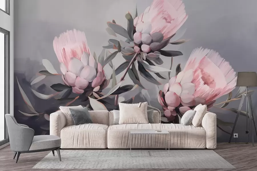 Wall Mural Photo Wallpaper Pink protea abstract flowers with grey leaves, soft textured brushstrokes, muted colors, against a blurred grey background w09014