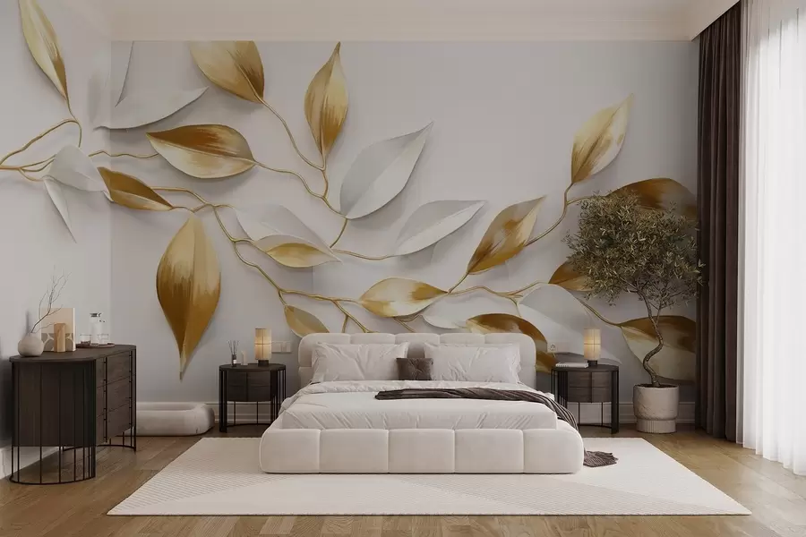 murales Hojas amarillas y blancas sobre una rama , diseño elegante, fondo blanco, estilo minimalista, arte decorativo , inspirado en la naturaleza w09015