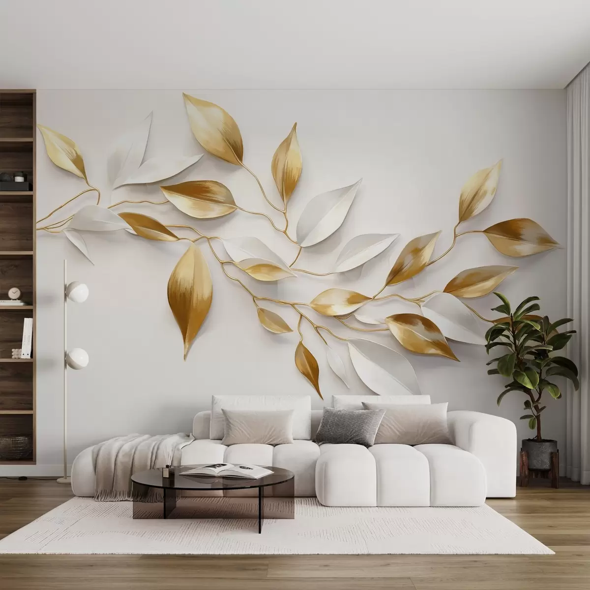 murales Hojas amarillas y blancas sobre una rama , diseño elegante, fondo blanco, estilo minimalista, arte decorativo , inspirado en la naturaleza w09015