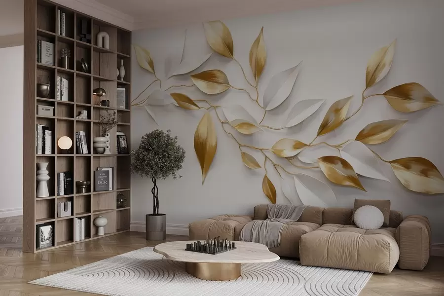 murales Hojas amarillas y blancas sobre una rama , diseño elegante, fondo blanco, estilo minimalista, arte decorativo , inspirado en la naturaleza w09015
