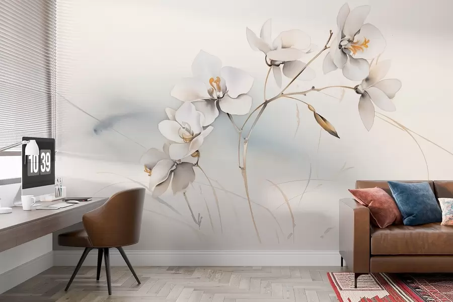 murales Rama de orquídea blanca en estilo acuarela w09022