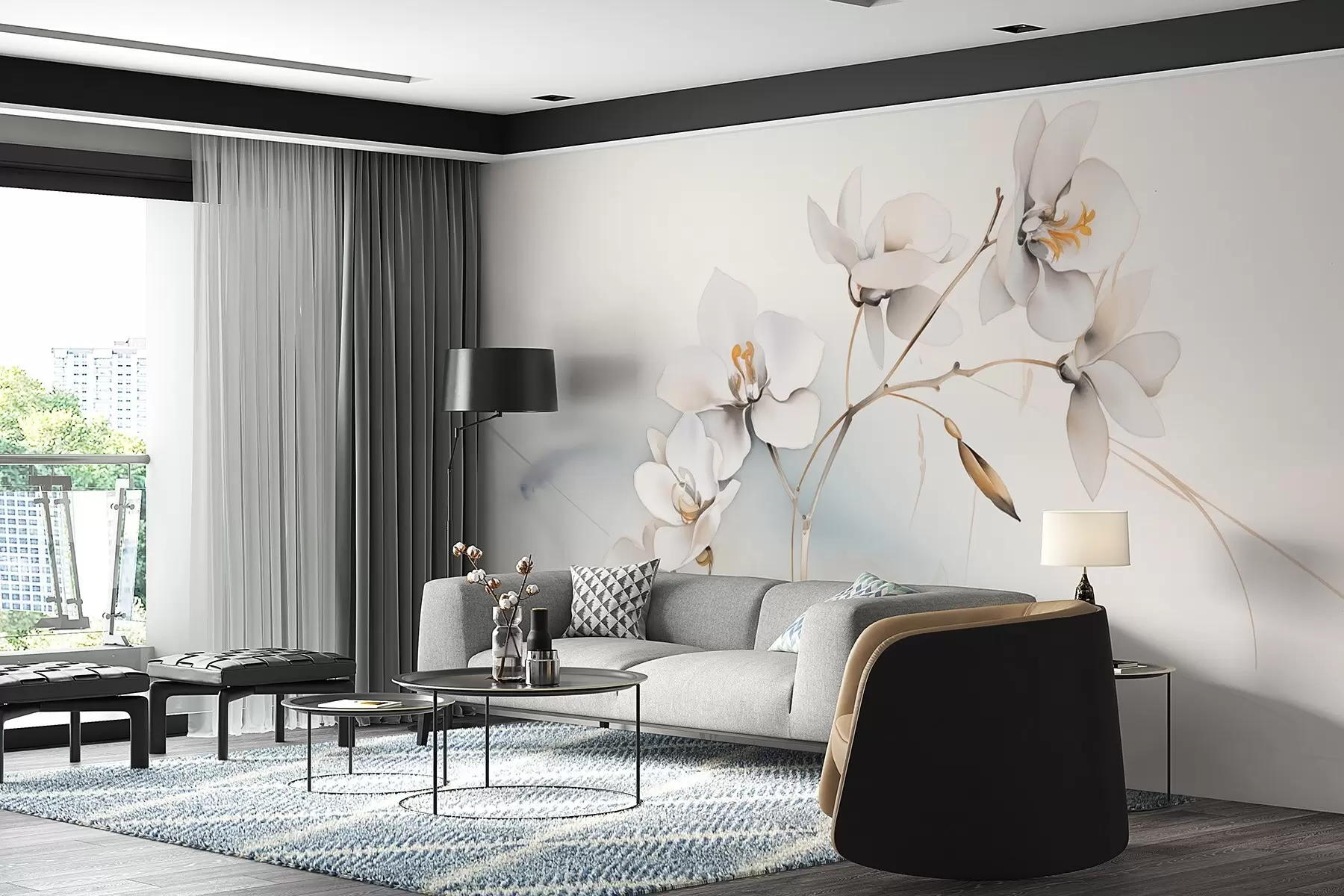 Wall Mural Photo Wallpaper White orchid branch in watercolor style w09022