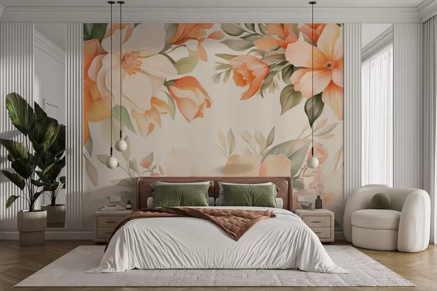 murais de parede Grandes flores cor de laranja em estilo aguarela w09023