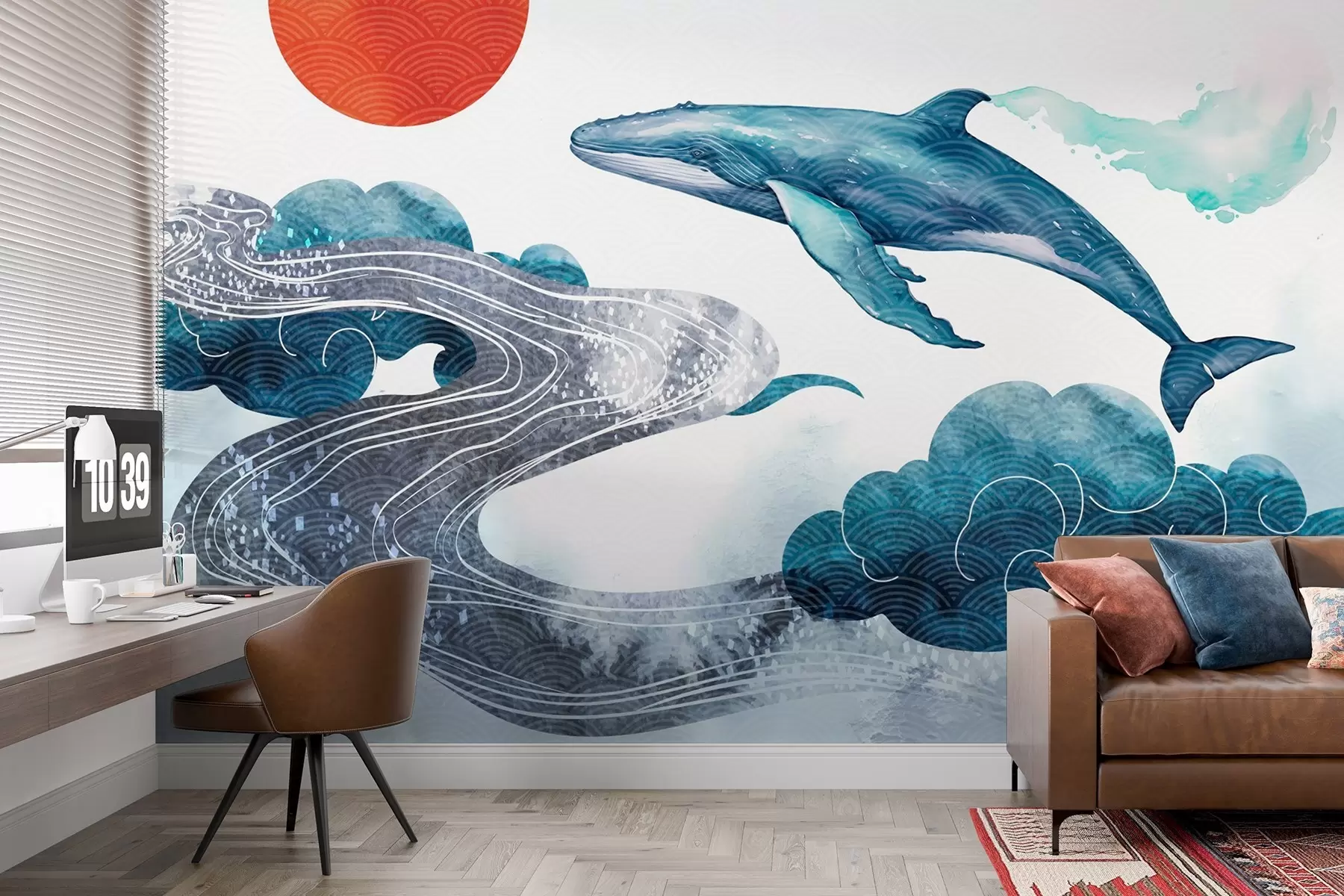 wall murals Flying blue whale in the sky among clouds and sun in watercolor style w09024