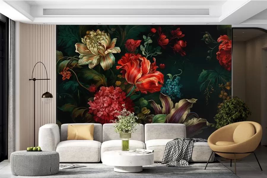 peintures murales Garden Symphony,Diverses fleurs, pétales, feuillages w03782