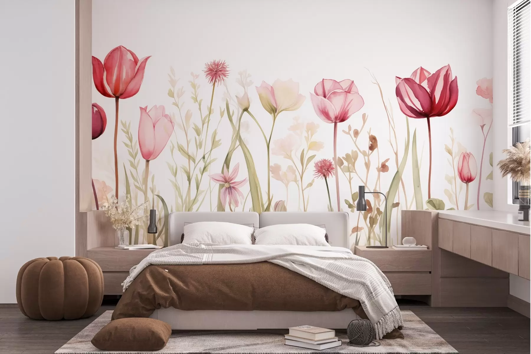 peintures murales Douceur des prés, tulipes, fleurs, tiges, feuilles, plantes sauvages w03785