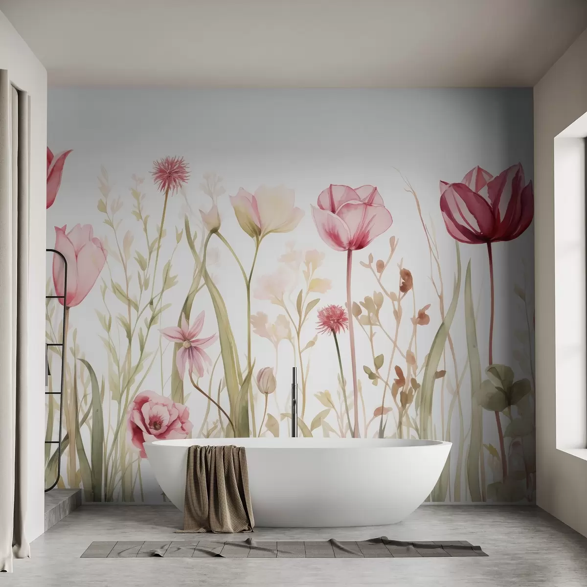 wall murals Meadow Softness,Tulips, flowers, stems, leaves, wild plants w03785