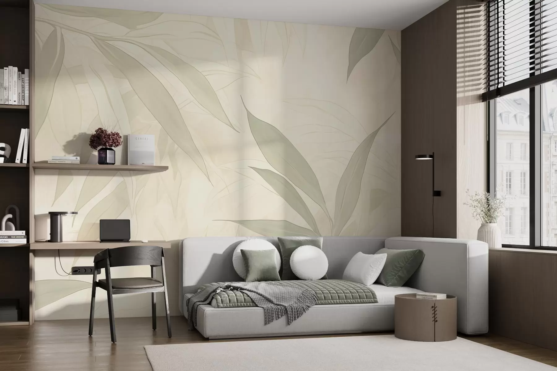 wall murals Branches with leaves in soft green tones on a beige background w09027
