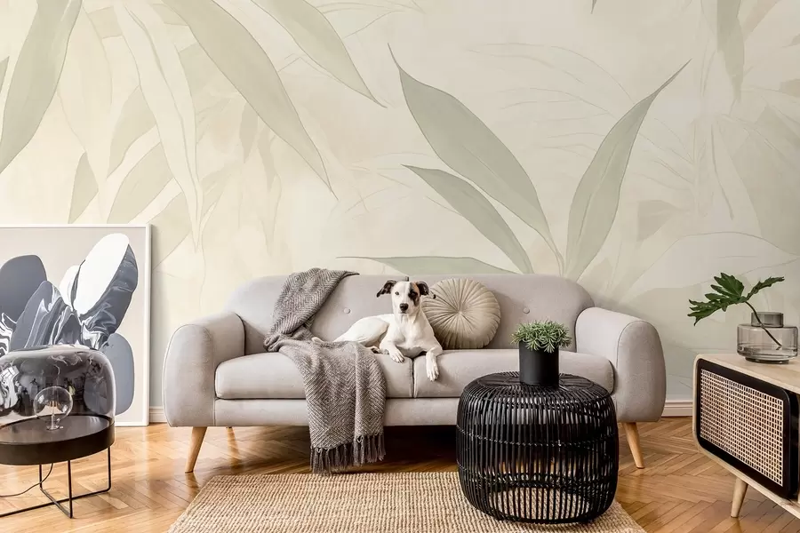 murales Ramas con hojas en suaves tonos verdes sobre fondo beige w09027