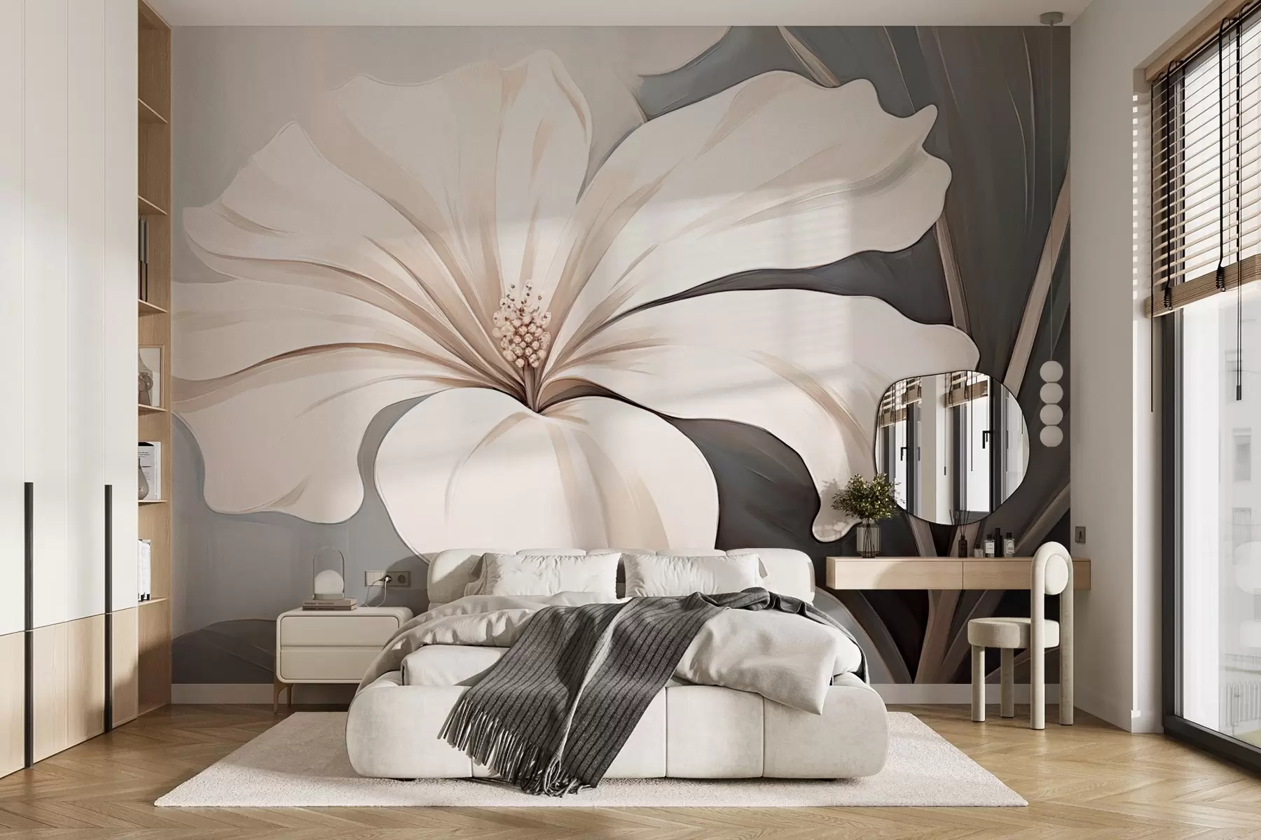 wall murals Large white flower with petals on a blue-gray background w09033