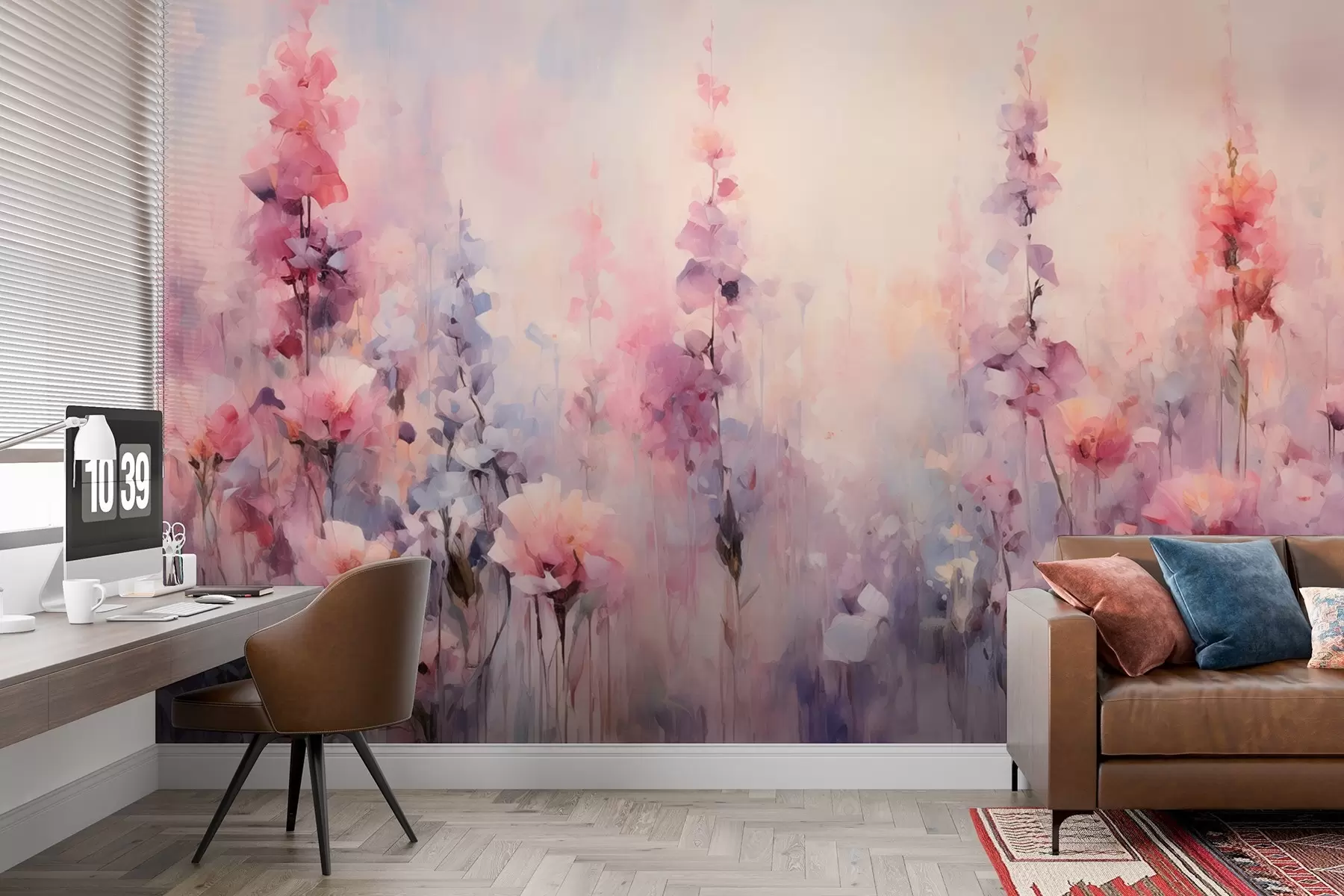 murales Coloridas flores silvestres en estilo acuarela: lilas, amapolas, margaritas w09038