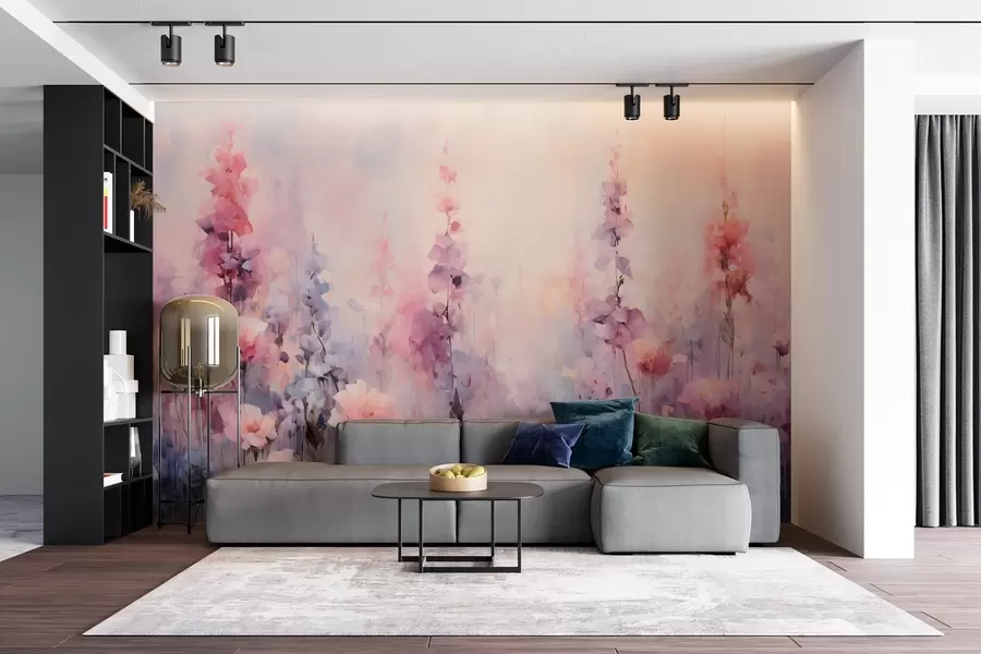 murales Coloridas flores silvestres en estilo acuarela: lilas, amapolas, margaritas w09038