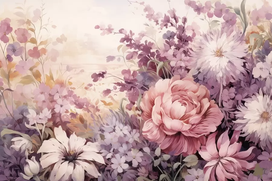 peintures murales Fleurs colorées dans les tons roses et violets : lilas, pivoines, chrysanthèmes w09039
