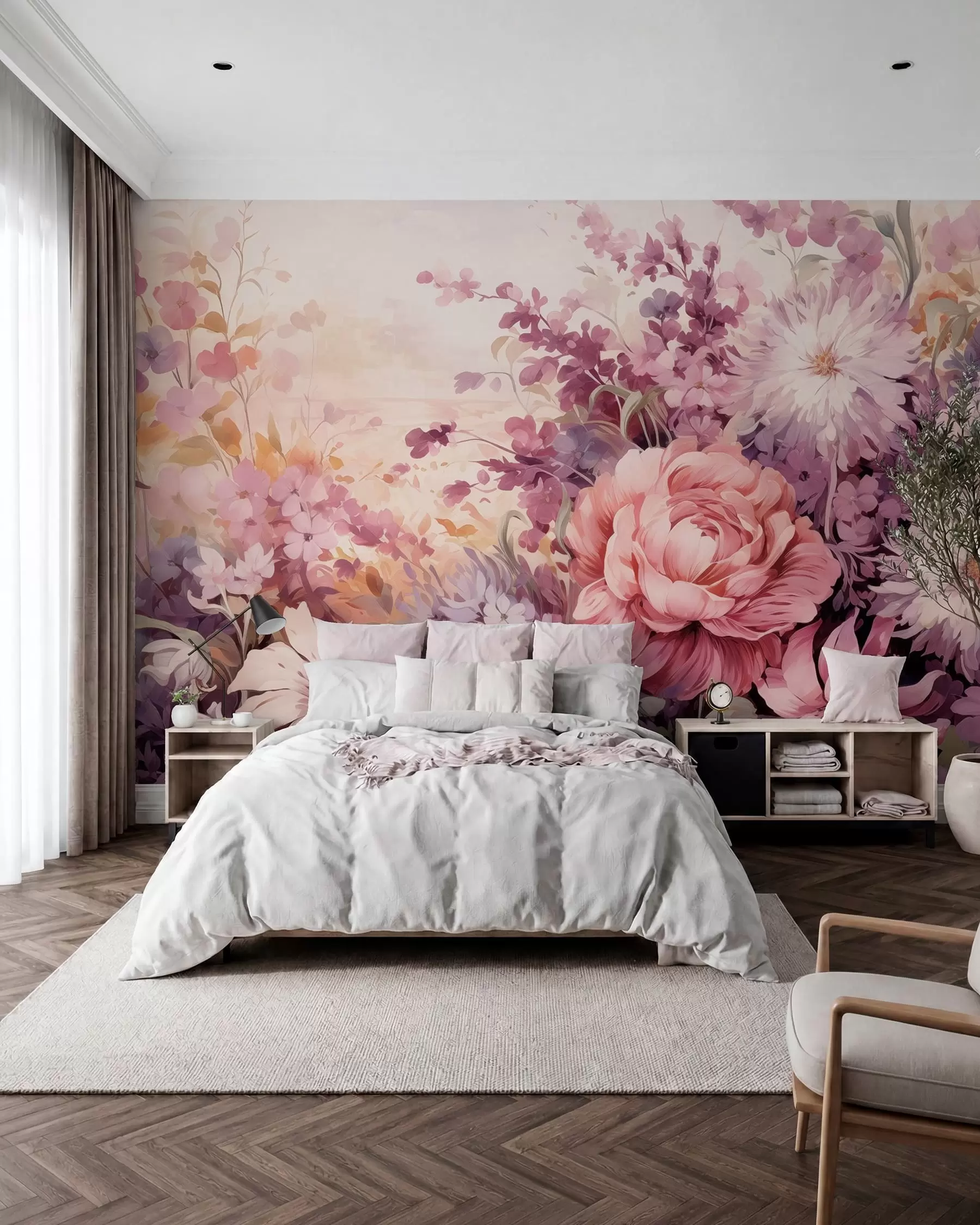 Wall Mural Photo Wallpaper Colorful flowers in pink and purple tones: lilacs, peonies, chrysanthemums w09039