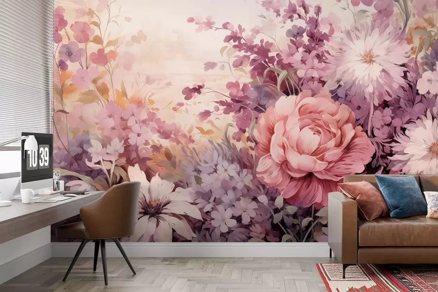 Wall Mural Photo Wallpaper Colorful flowers in pink and purple tones: lilacs, peonies, chrysanthemums w09039