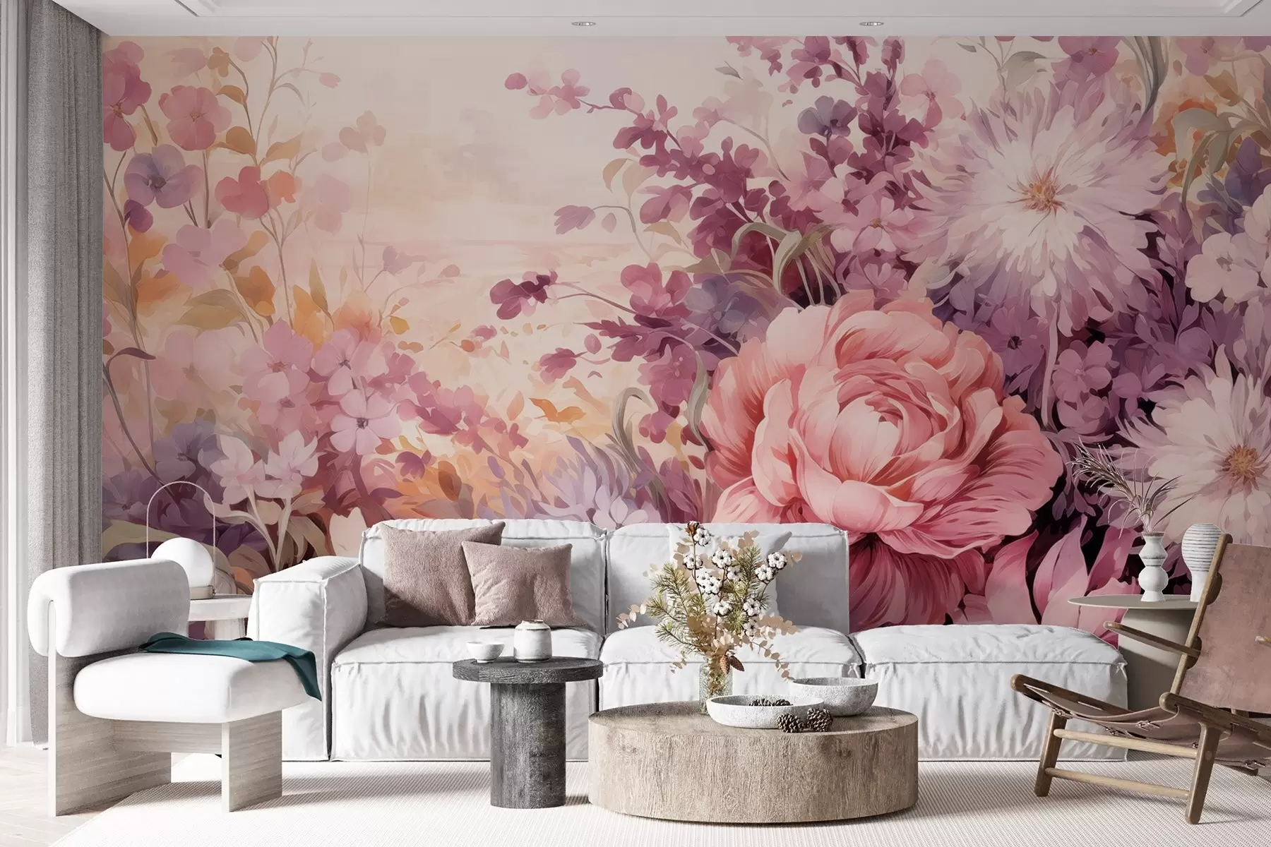 Wall Mural Photo Wallpaper Colorful flowers in pink and purple tones: lilacs, peonies, chrysanthemums w09039