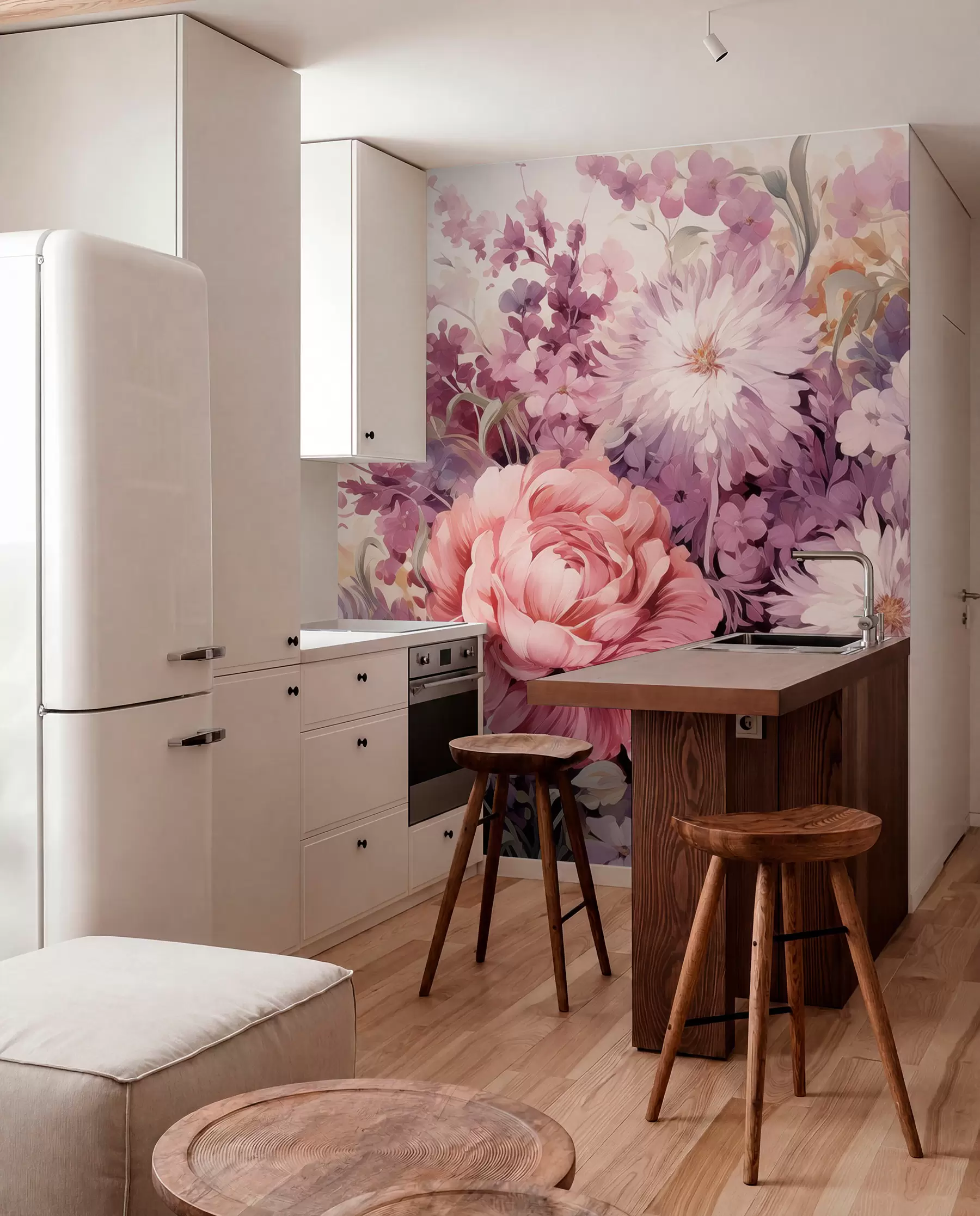 peintures murales Fleurs colorées dans les tons roses et violets : lilas, pivoines, chrysanthèmes w09039