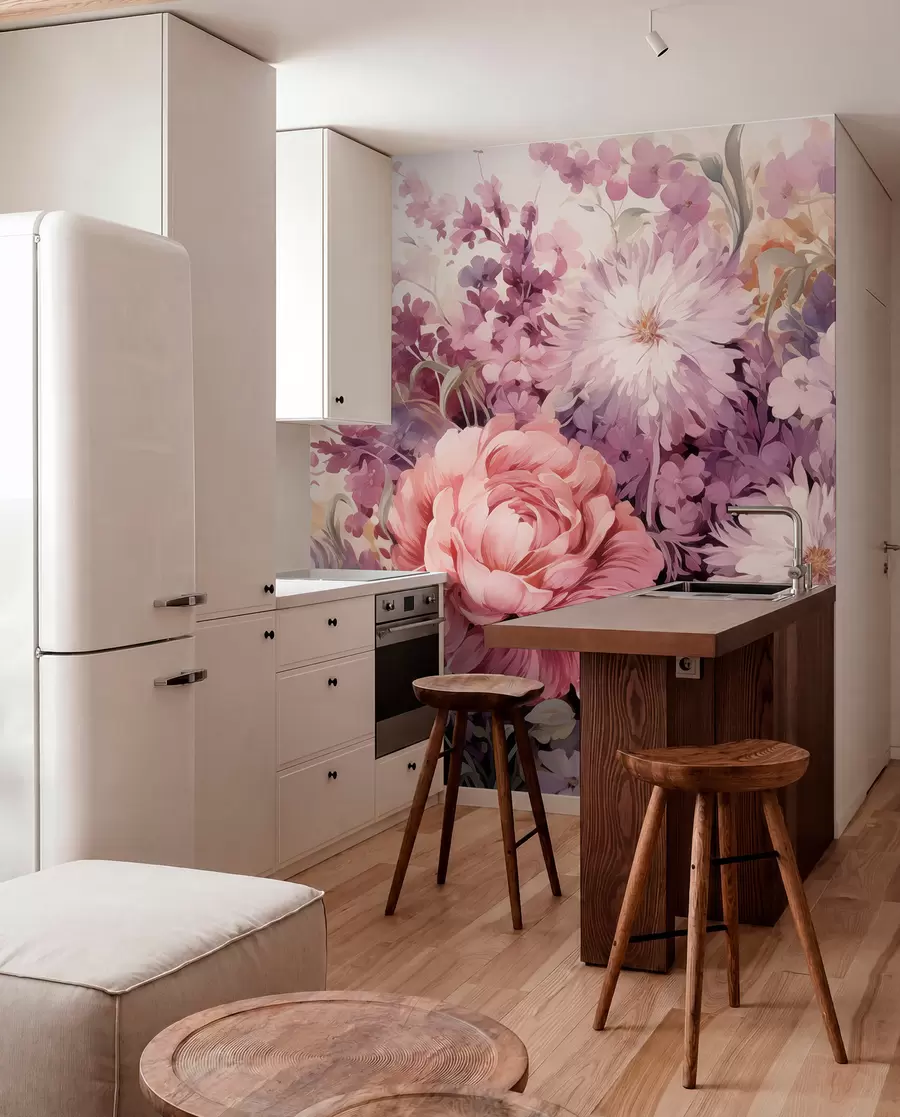 peintures murales Fleurs colorées dans les tons roses et violets : lilas, pivoines, chrysanthèmes w09039