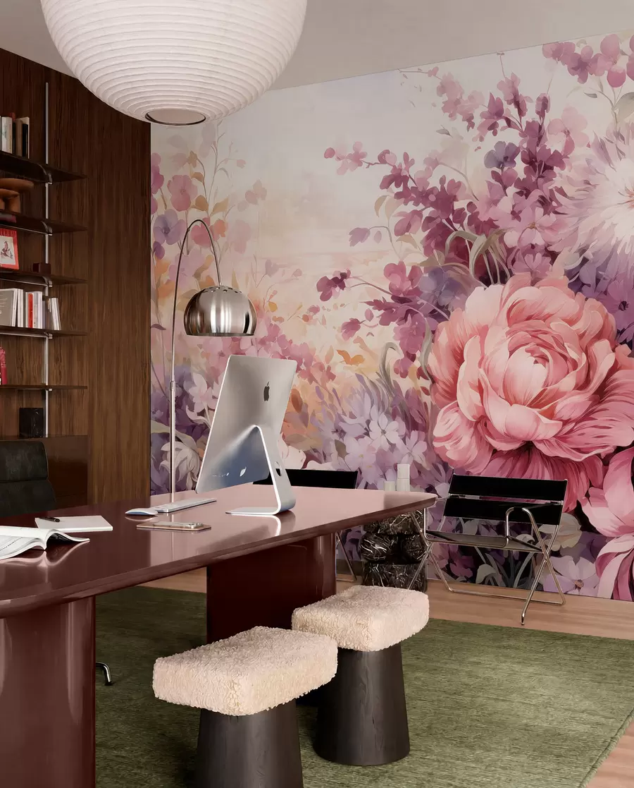 wall murals Colorful flowers in pink and purple tones: lilacs, peonies, chrysanthemums w09039