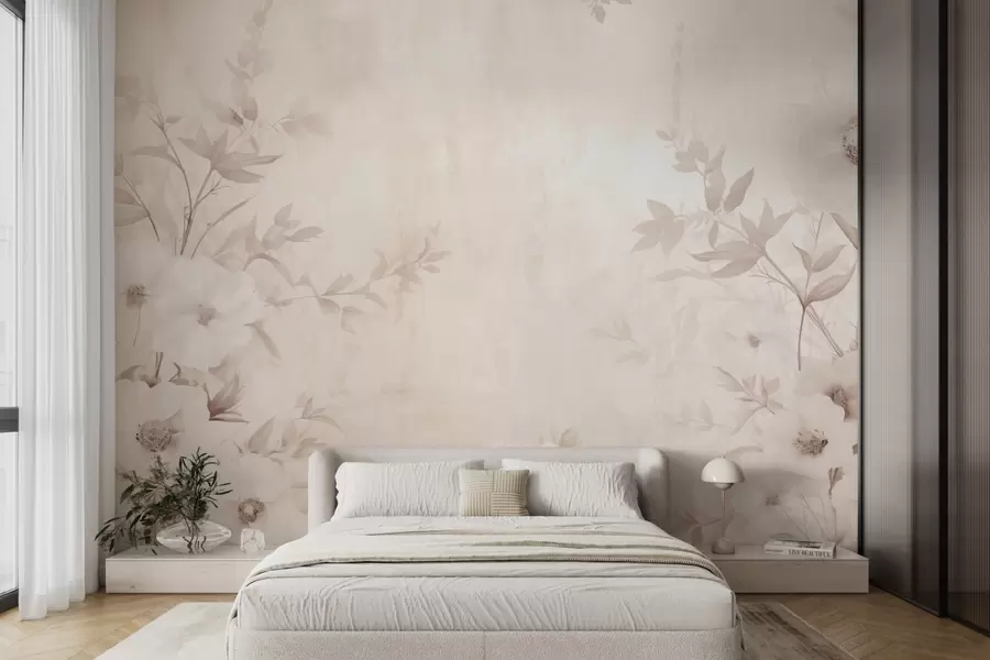 murais de parede Flores com folhas em tons claros neutros em estilo aguarela w09040