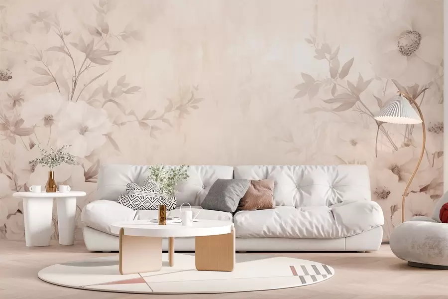 murais de parede Flores com folhas em tons claros neutros em estilo aguarela w09040