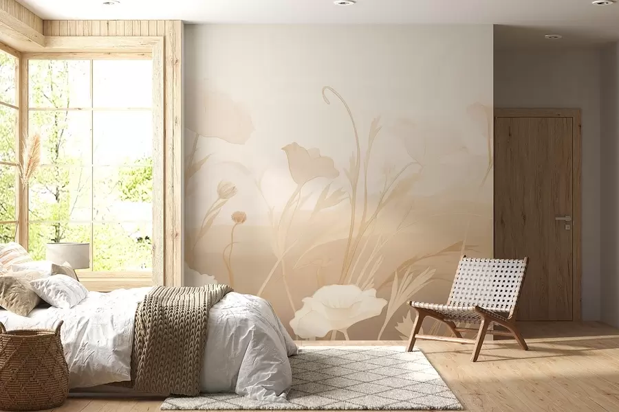 murales Amapolas blancas en tonos beige-gris w09041