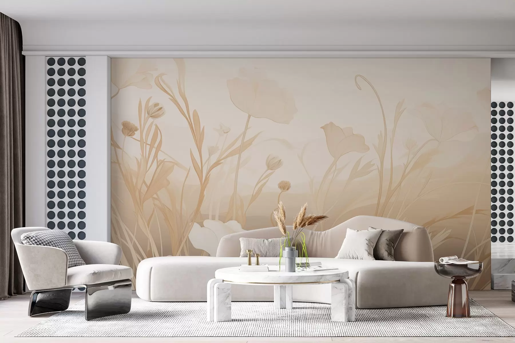 wall murals White poppies in beige-gray tones w09041