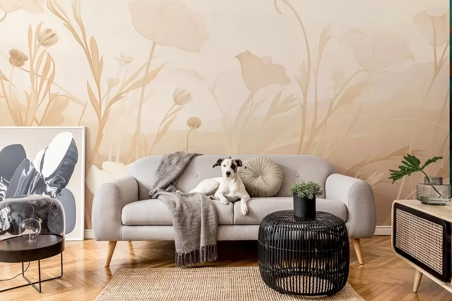 murales Amapolas blancas en tonos beige-gris w09041