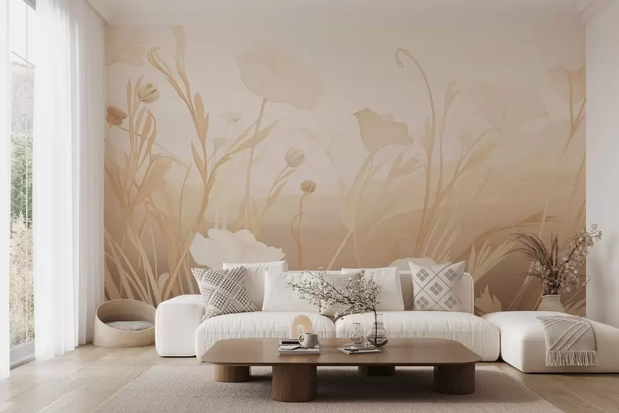 murales Amapolas blancas en tonos beige-gris w09041
