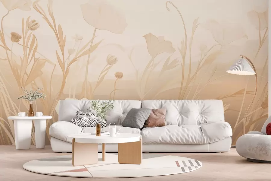murales Amapolas blancas en tonos beige-gris w09041