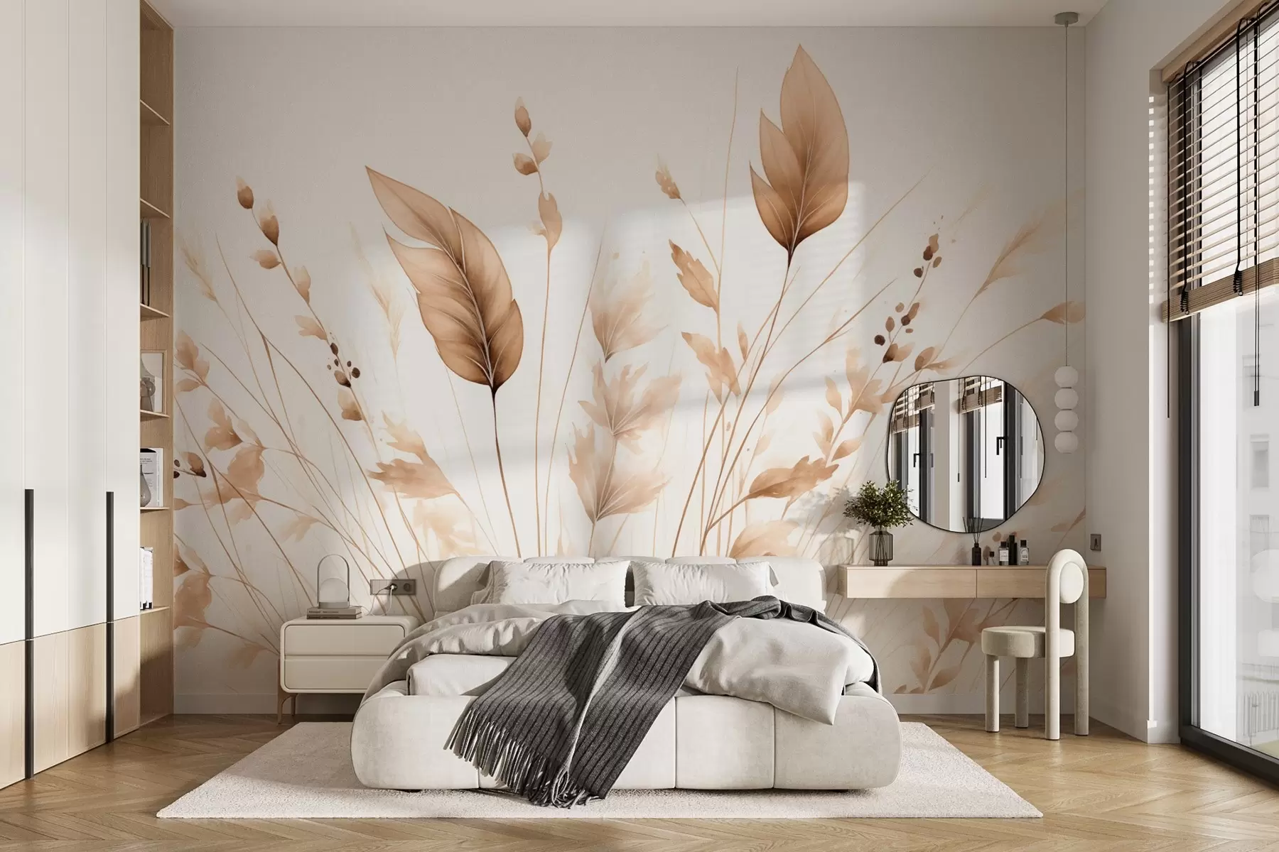 wall murals A dance of airy dry grasses in the wind in calm beige colors w09045