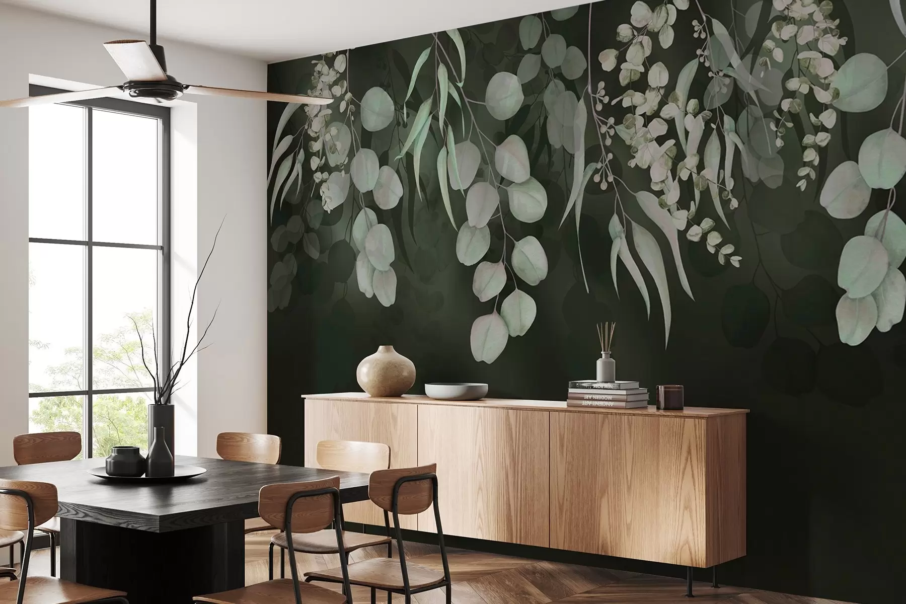 Wall Mural Photo Wallpaper Tropical leaves on the dark green background, floral w03752