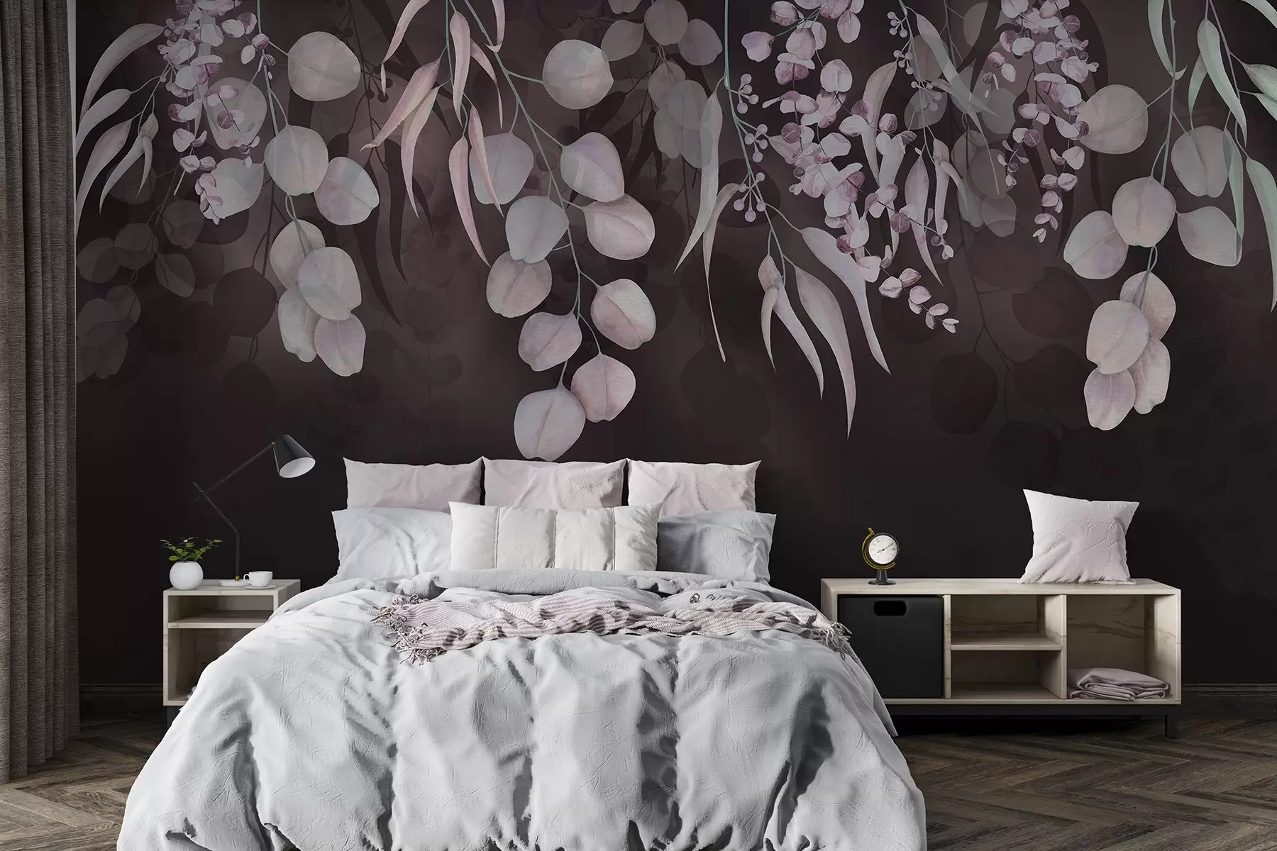 wall murals Tropical leaves on the dark burgundy background, floral w03752v1