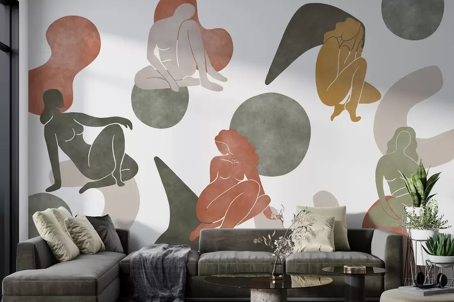 murales Abstracciones geométricas con siluetas femeninas, estilo boho, marrón, beige, verde w03753