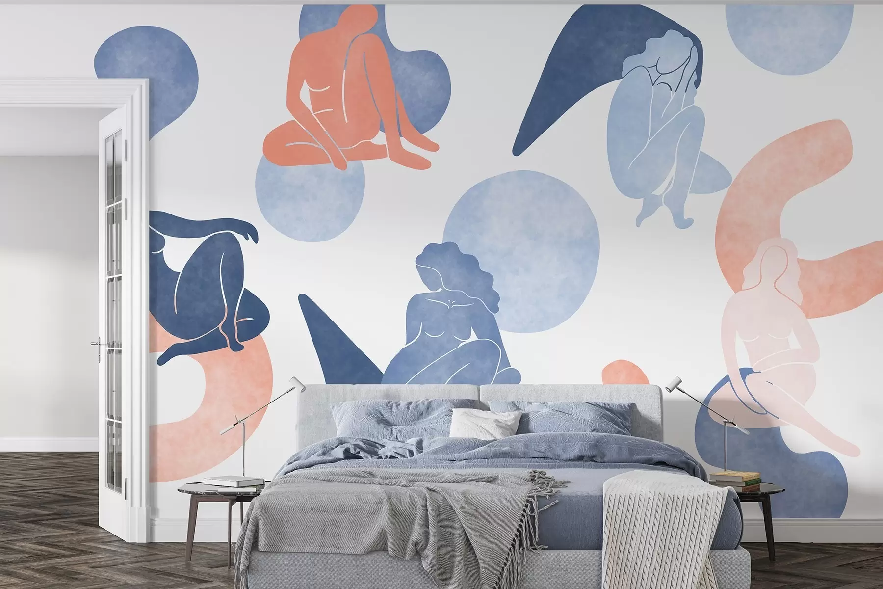 wall murals Geometric abstractions with women silhouettes, boho style, blue, beige, pink w03753v1