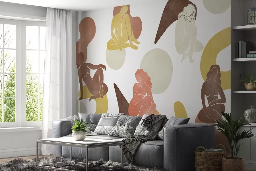 murais de parede Abstracções geométricas com silhuetas femininas, estilo boho, castanho, bege, amarelo w03753v2