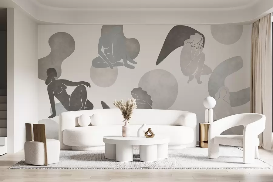 wall murals Geometric abstractions with women silhouettes, boho style, grey colors w03753v5