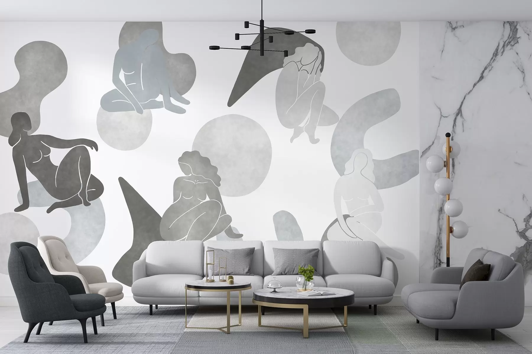 Wall Mural Photo Wallpaper Geometric abstractions with women silhouettes, boho style, grey colors w03753v5