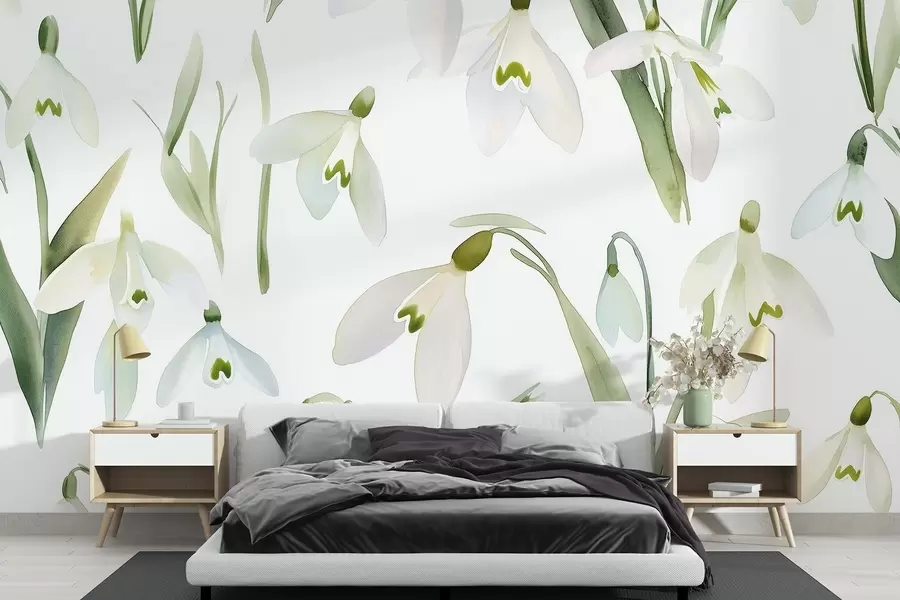 Wall Mural Photo Wallpaper Snowdrops flowers in watercolor style, natural colors w03754